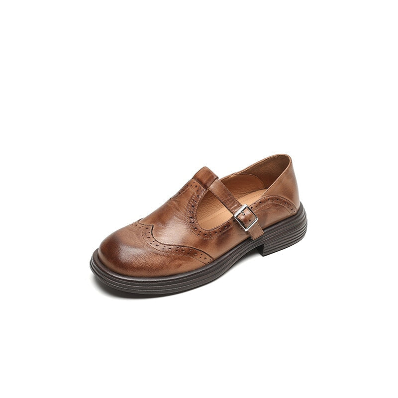 Women's Leather Mary Jane Shoes with T-Strap Buckle | Brogue Detail and Low Block Heel | Size 5-10.5, Brown or Black
