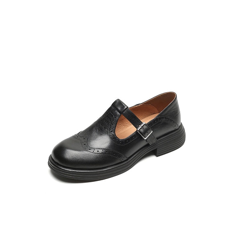 Women's Leather Mary Jane Shoes with T-Strap Buckle | Brogue Detail and Low Block Heel | Size 5-10.5, Brown or Black