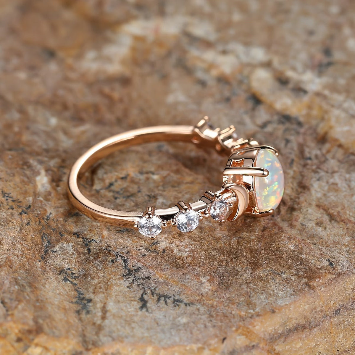 Crescent Moon Ring in Rose Gold - Opal Stone Statement Ring