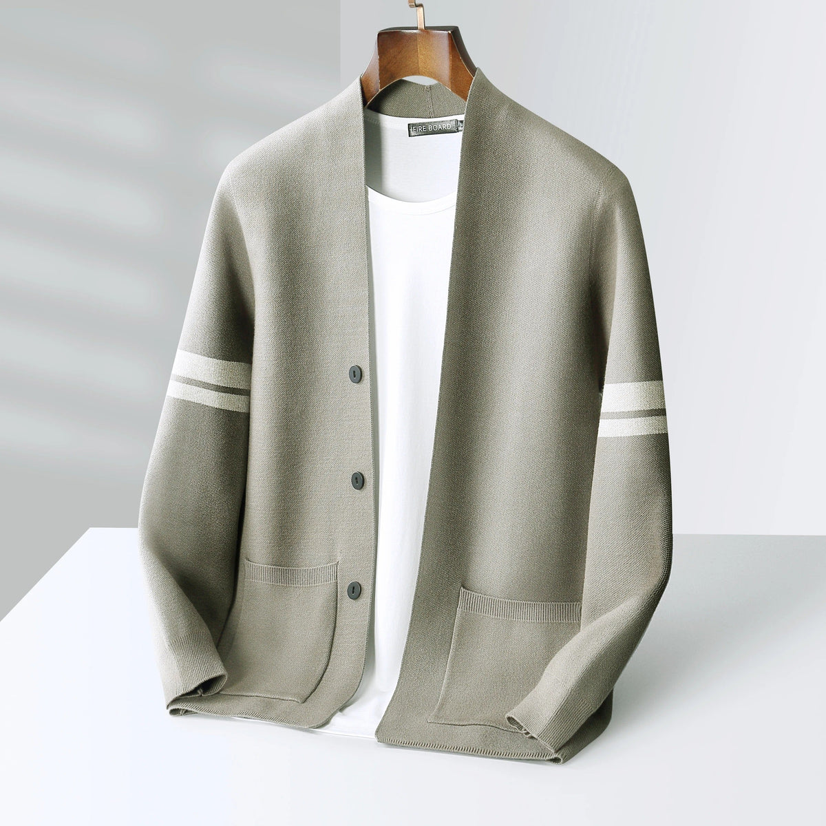 Giancarlo | Mens Merino Wool Blend Cardigan | Sleeve Stripes, Front Pockets | Light Green, Black, Brown and More S-2XL