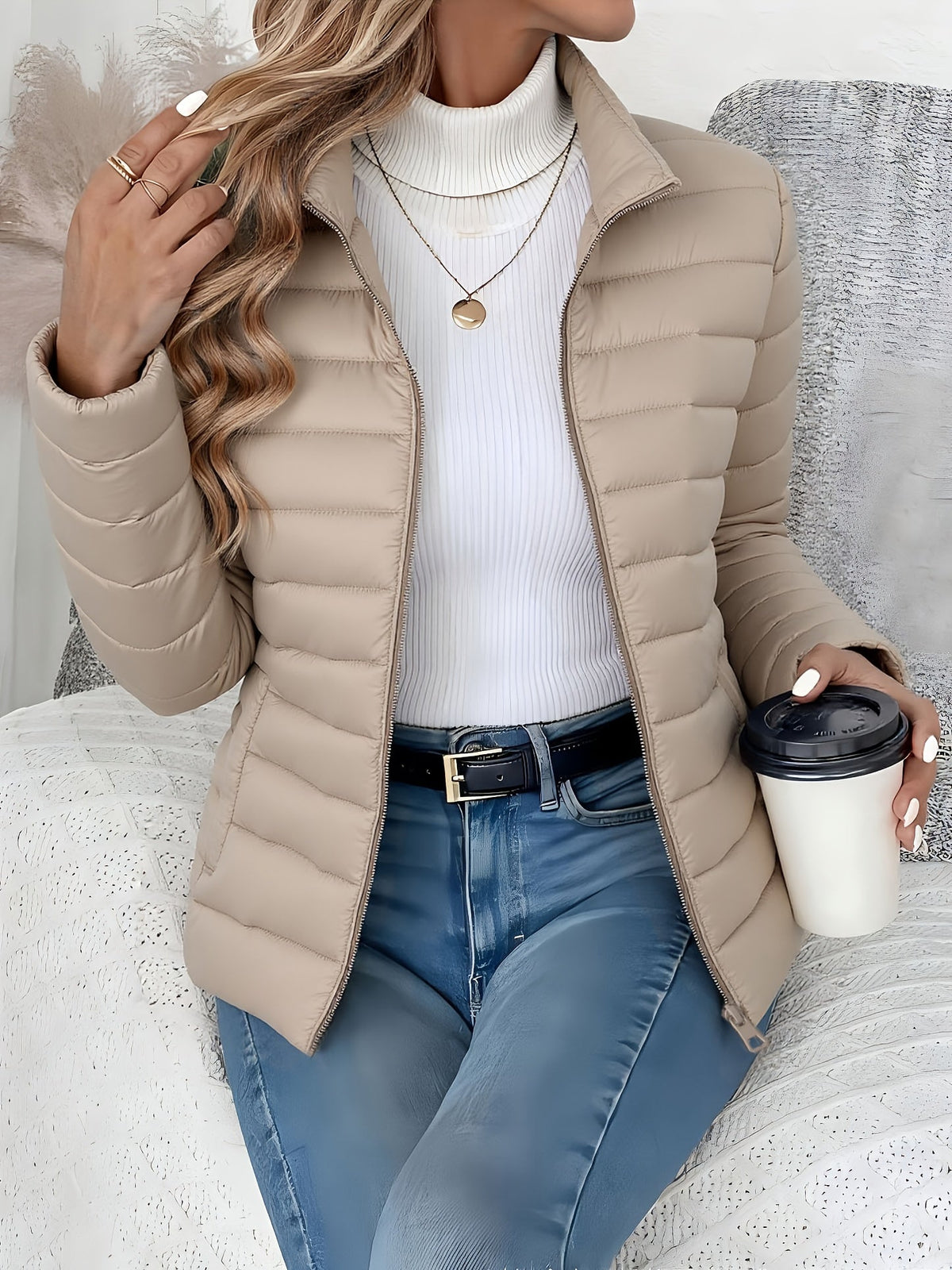 Women's Puffer Jacket with Down Filling and Fitted Cut | Zip Closure | For Winter | Size M-2XL | Matcha, Black, Khaki, Mint