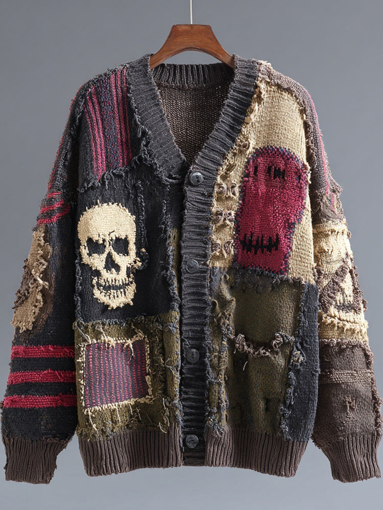 Unisex Patchwork V-Neck Cardigan, Long Sleeves, Button Front