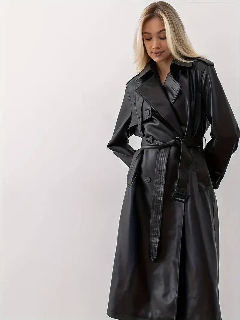 Women's Long Belted Trench Coat with Notch Collar