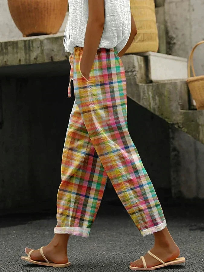 Kath – Checked Pants with Elastic Waist and Tie Closure