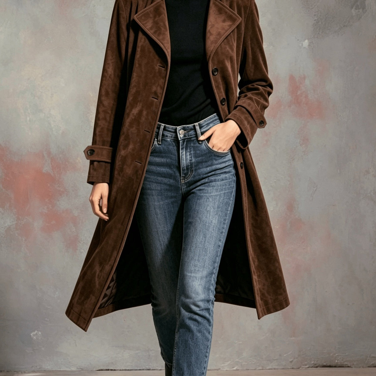 Women's Longline Button-Front Coat with Wide Lapel