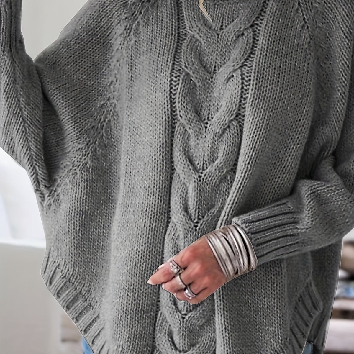 Women's Cable-Knit High-Neck Sweater Relaxed Fit