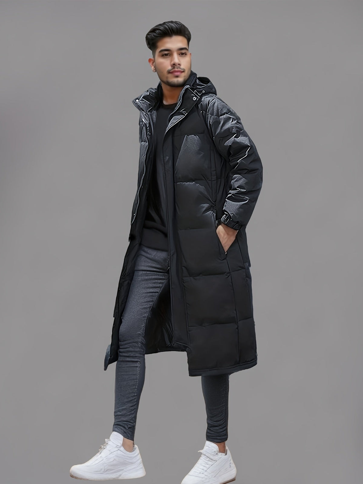 Men's Black Hooded Long Puffer Coat, Zip Front