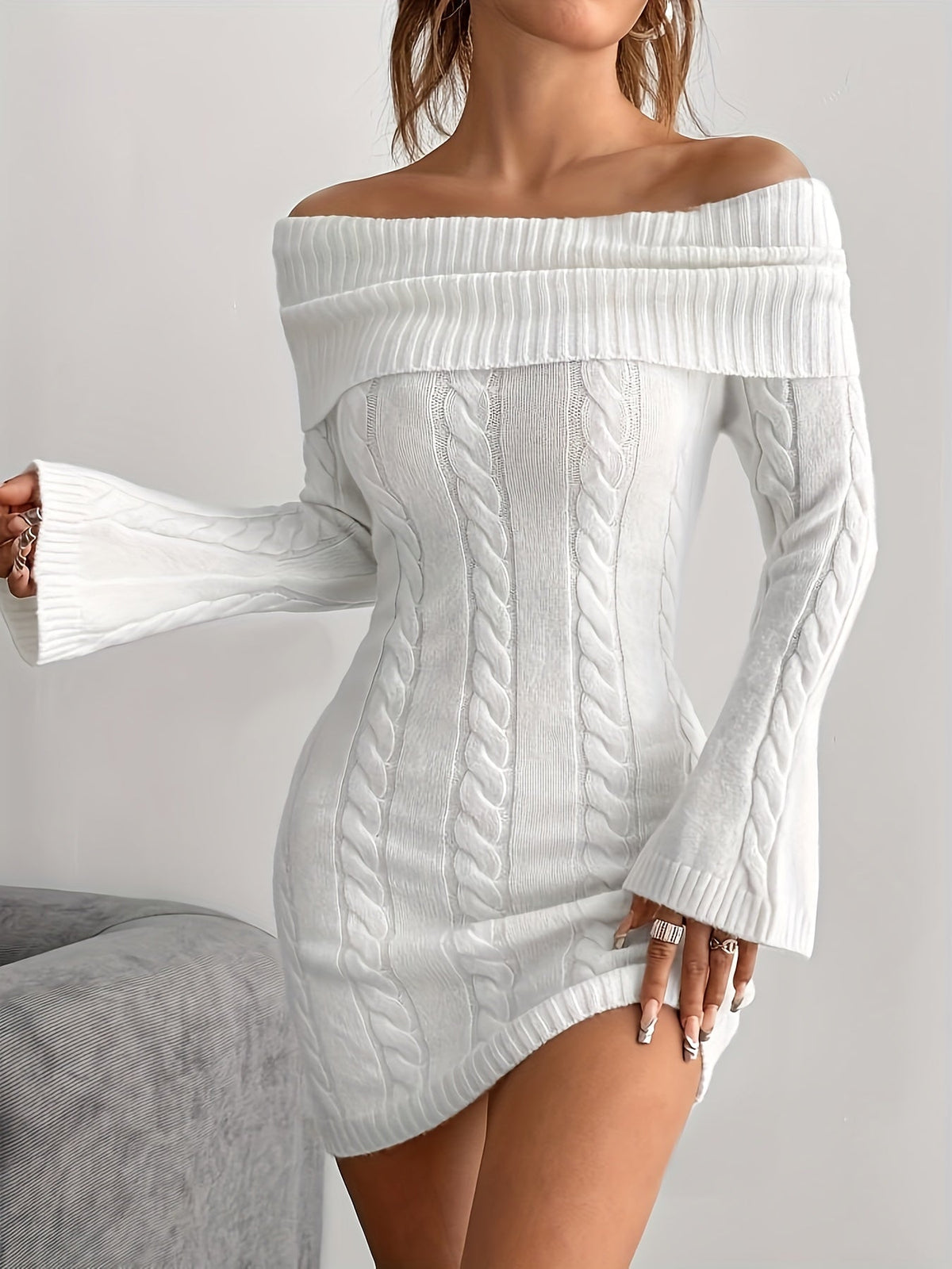 Women's Off Shoulder Knit Dress in Cable Texture | Foldover Collar and Flared Sleeves | Sizes S-2XL, 5 Colors