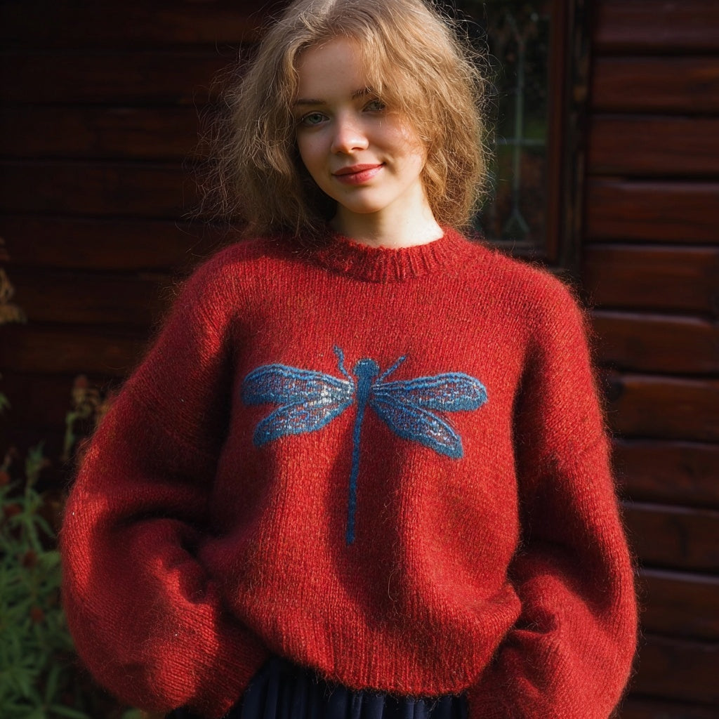 Women's Red Dragonfly Motif Crew Neck Jumper