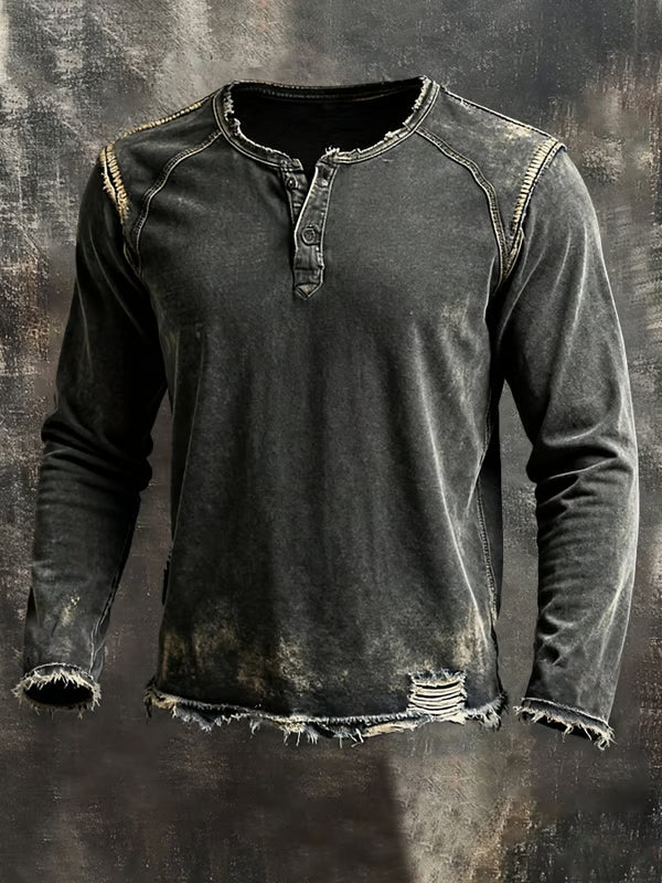 Men's Distressed Henley Sweater, Long Sleeves, Black