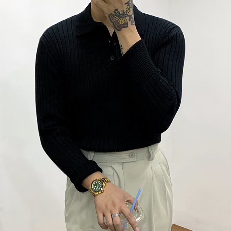 Men's Ribbed Polo Sweater, Long Sleeves, Button Placket