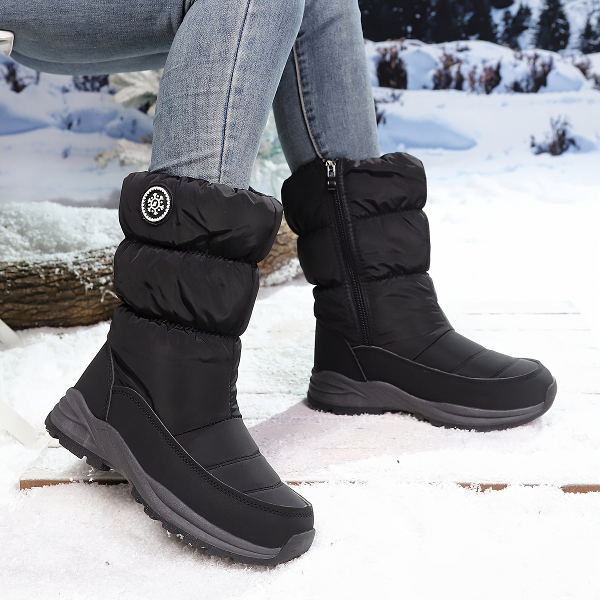Women's Waterproof Winter Snow Boots Mid Calf Faux Fur Lined Side Zip
