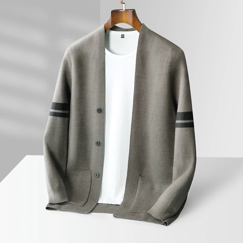 Giancarlo | Mens Merino Wool Blend Cardigan | Sleeve Stripes, Front Pockets | Light Green, Black, Brown and More S-2XL