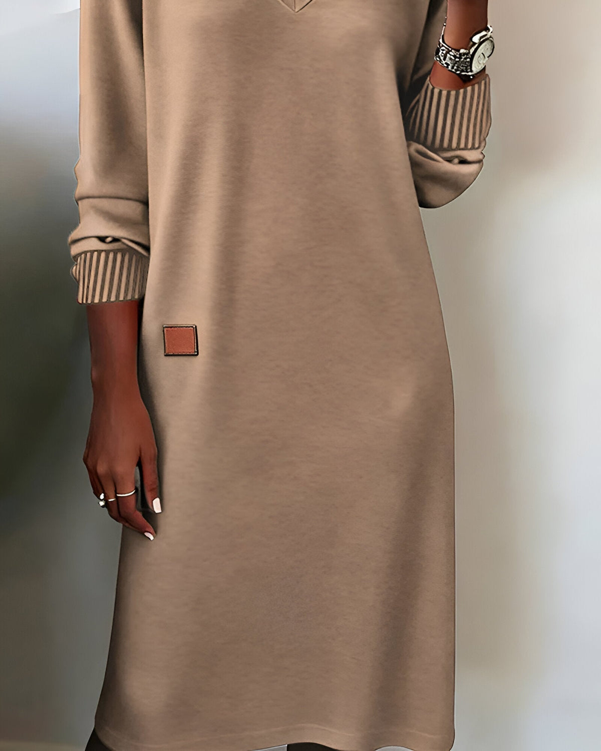 Women's V Neck Sweater Dress with Ribbed Cuffs | Relaxed Knit, Short Length, Long Sleeves | Sizes S-3XL, 3 Colors