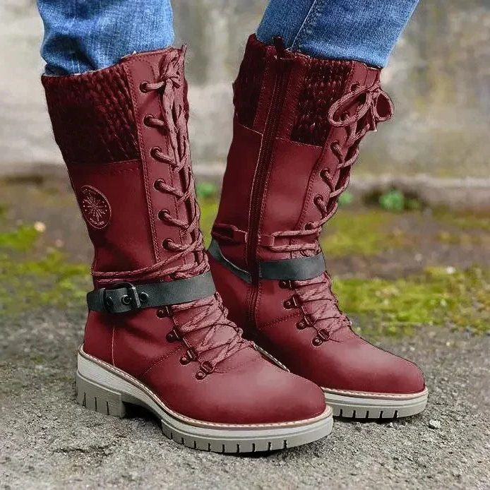 Edith | Western Lace-Up Knee High Heeled Boots with Knit Cuff for Women