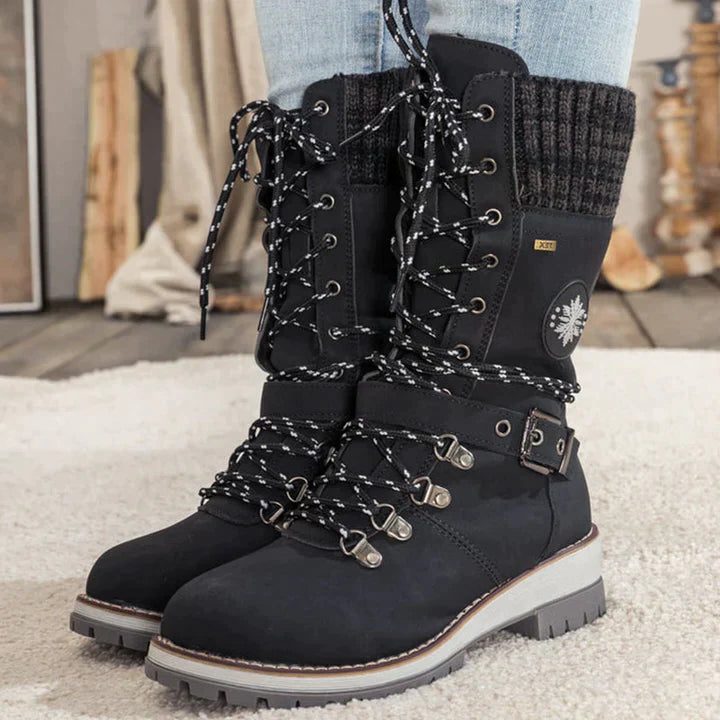 Edith | Western Lace-Up Knee High Heeled Boots with Knit Cuff for Women