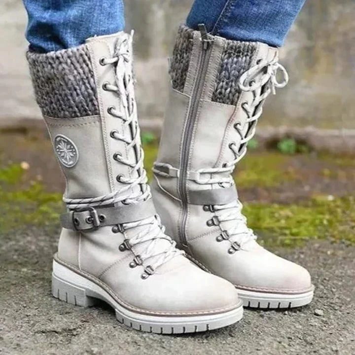 Edith | Western Lace-Up Knee High Heeled Boots with Knit Cuff for Women