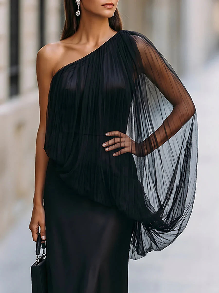 Edna | Black One Shoulder Formal Maxi Dress with Cape