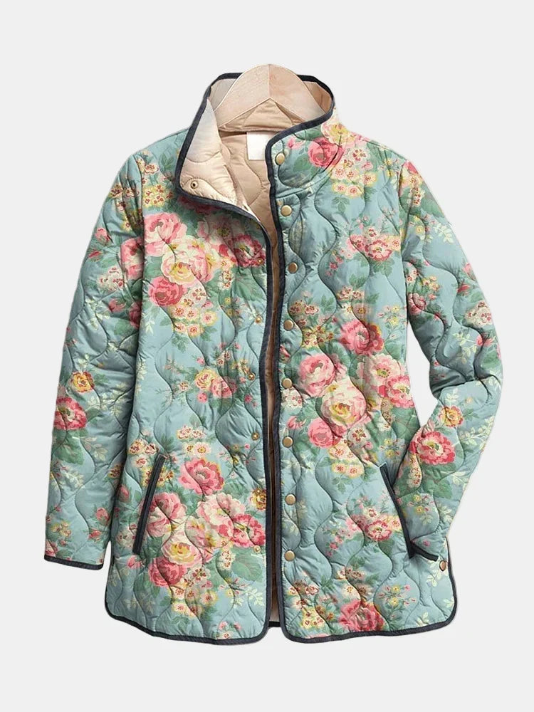 Women's Wrap Front Quilted Jacket with Teal Floral Print | Padded Layer with Stand Collar and Full Zip | Size S-3XL