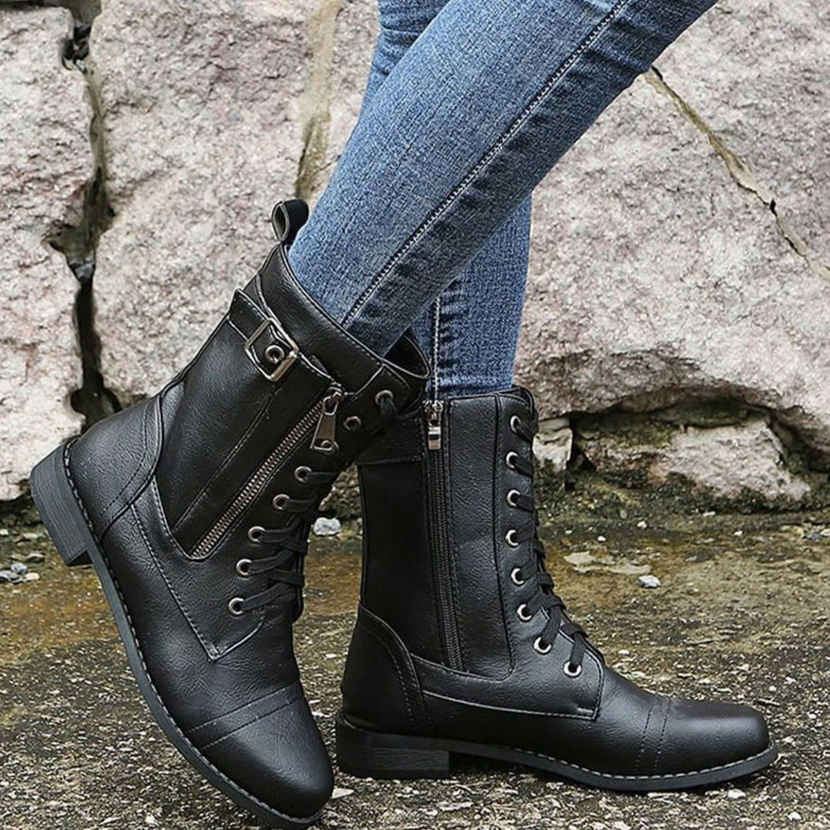 Edwina | Lace-Up Combat Boots with Side Zip for Women