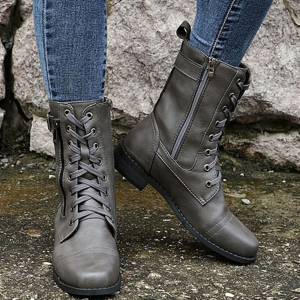 Edwina | Lace-Up Combat Boots with Side Zip for Women