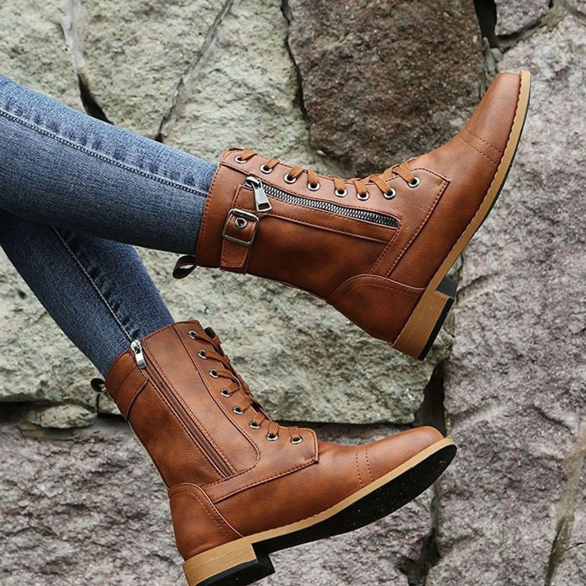 Edwina | Lace-Up Combat Boots with Side Zip for Women