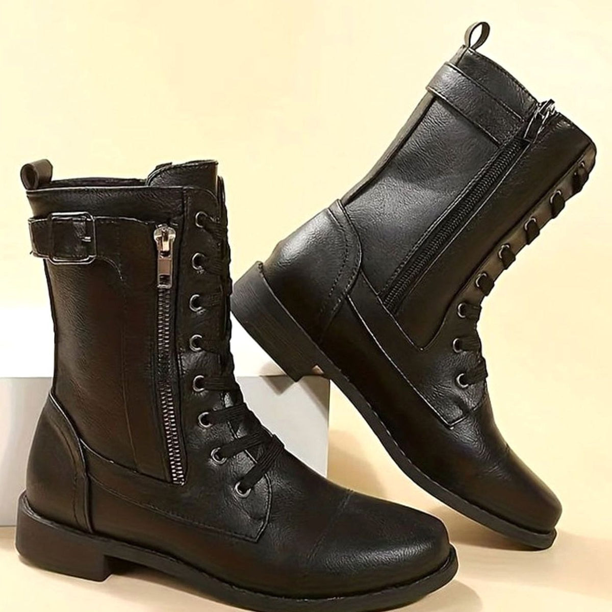 Edwina | Lace-Up Combat Boots with Side Zip for Women