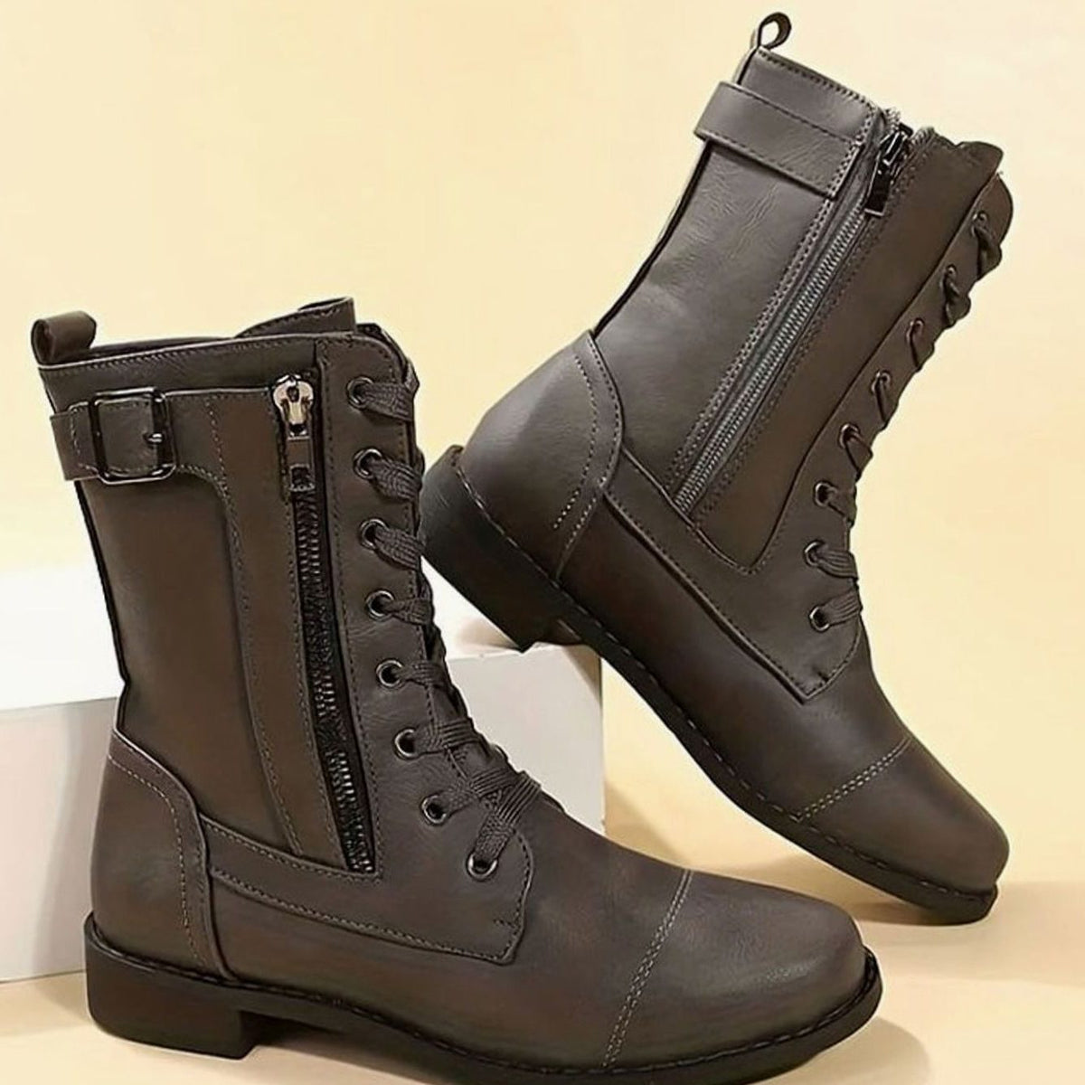 Edwina | Lace-Up Combat Boots with Side Zip for Women
