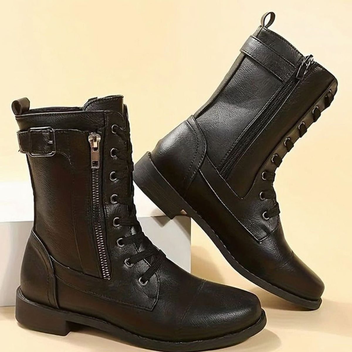 Edwina | Lace-Up Combat Boots with Side Zip for Women