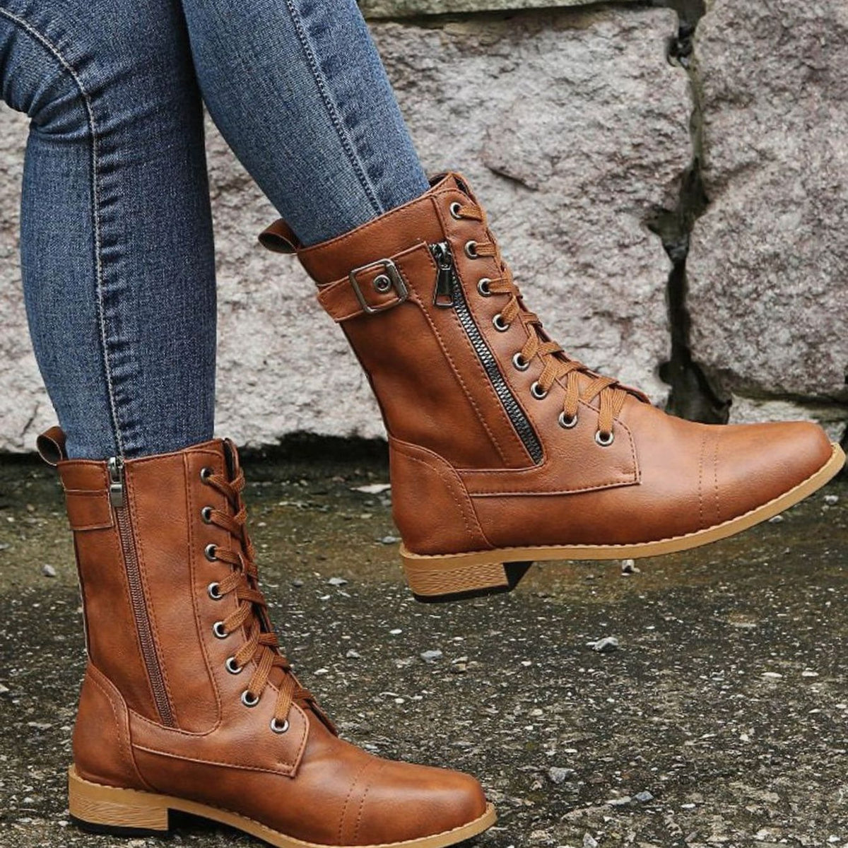 Edwina | Lace-Up Combat Boots with Side Zip for Women