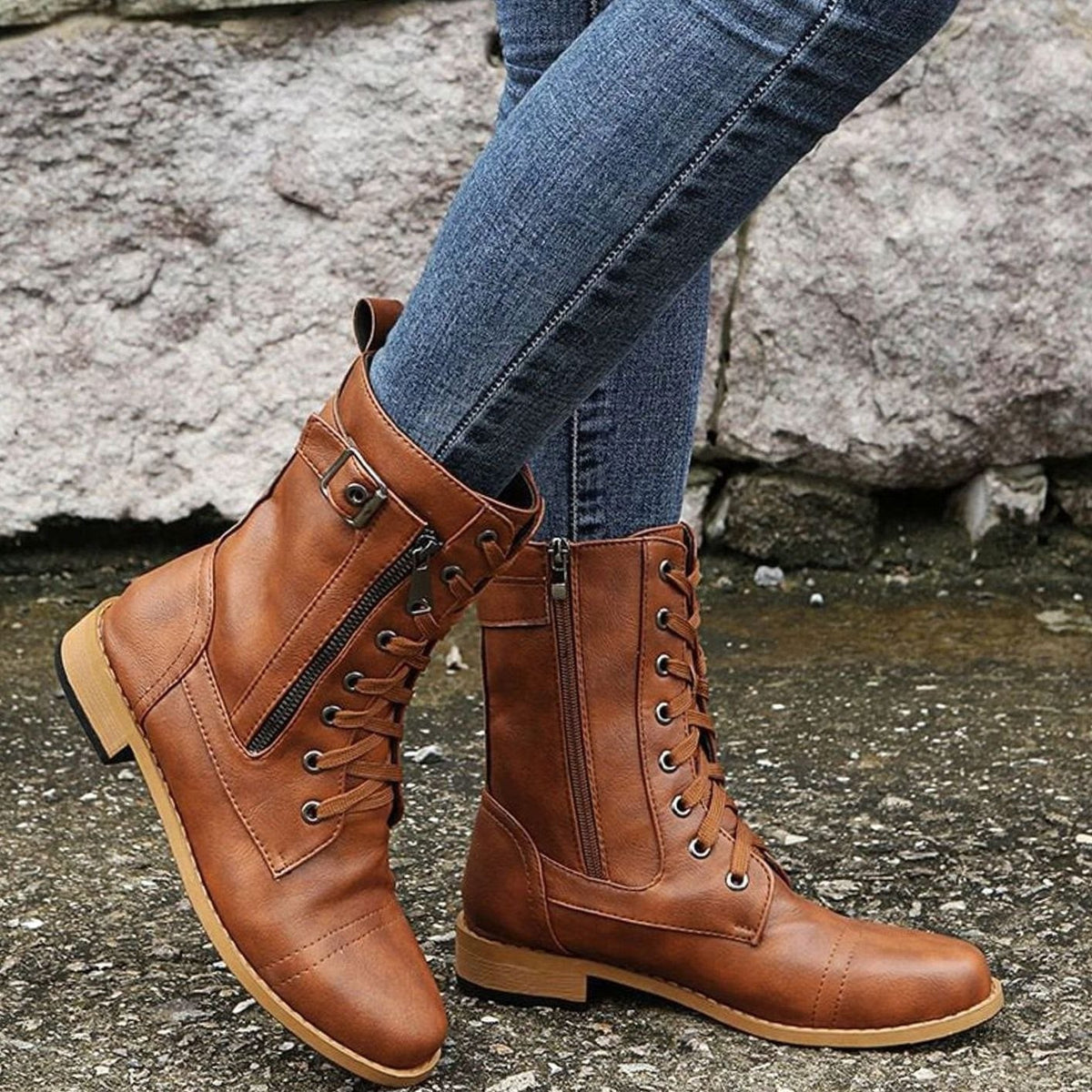 Edwina | Lace-Up Combat Boots with Side Zip for Women