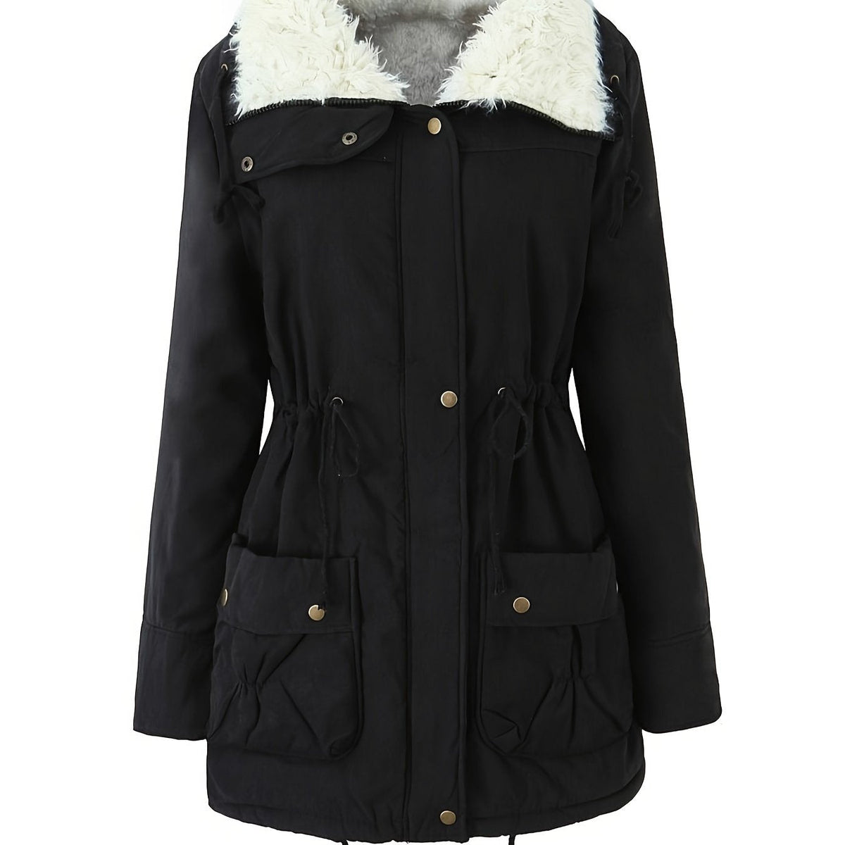Women's Parka with Hood and Button Front | Drawstring, Pockets | For Winter | Size S-XL | Black, Fern Green