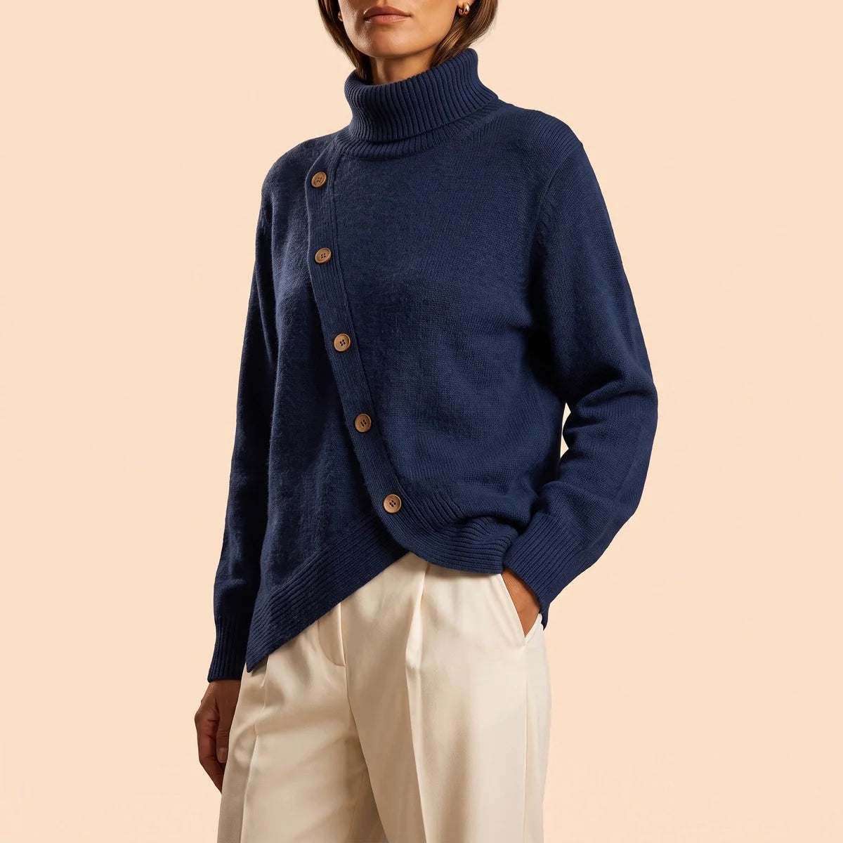Eira High Neck Asymmetric Button Wrap Sweater