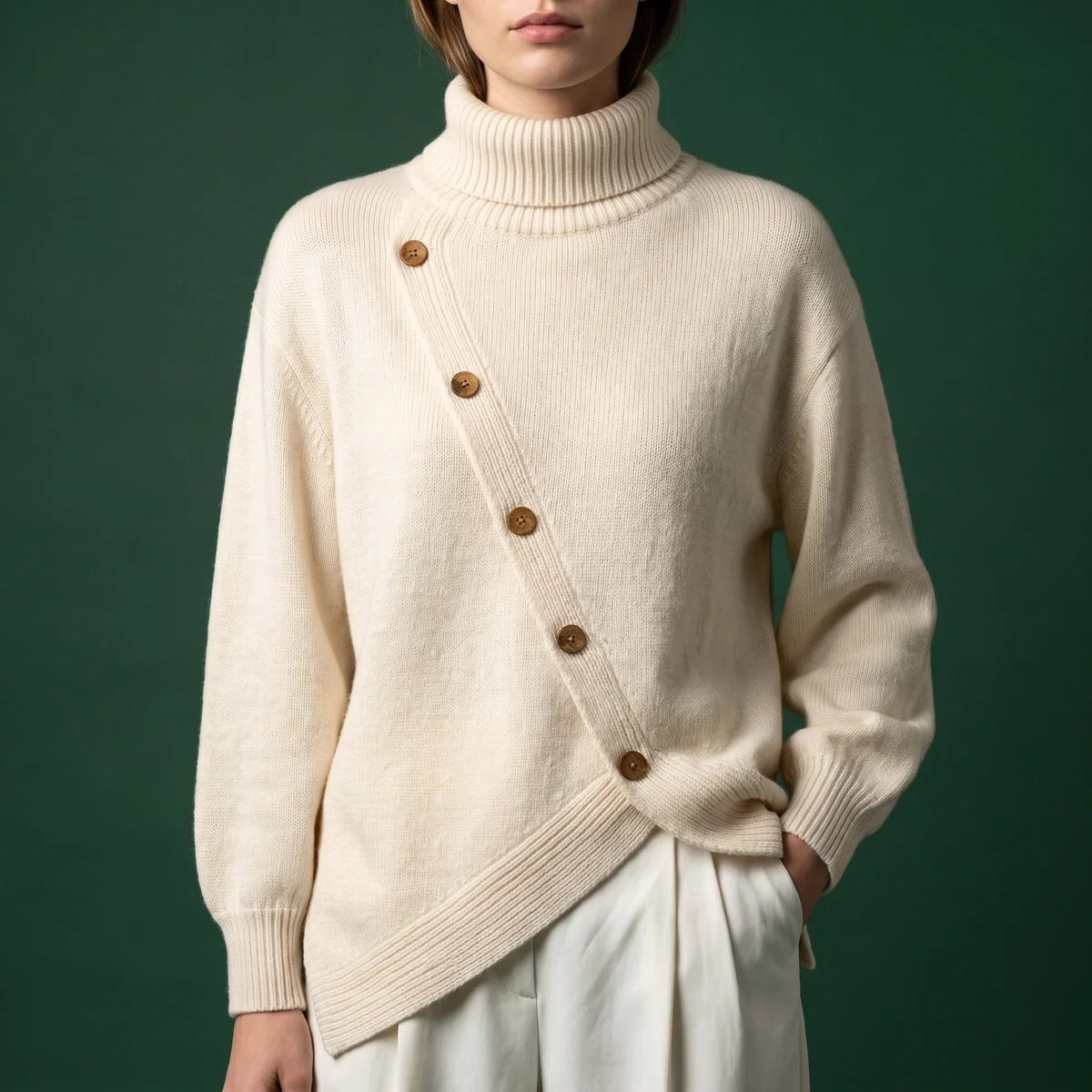 Eira High Neck Asymmetric Button Wrap Sweater