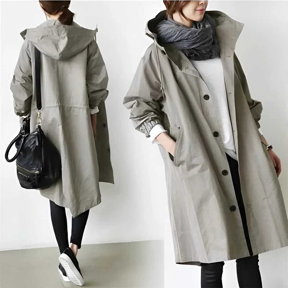 Elara | Longline Trench Coat with Hood for Women