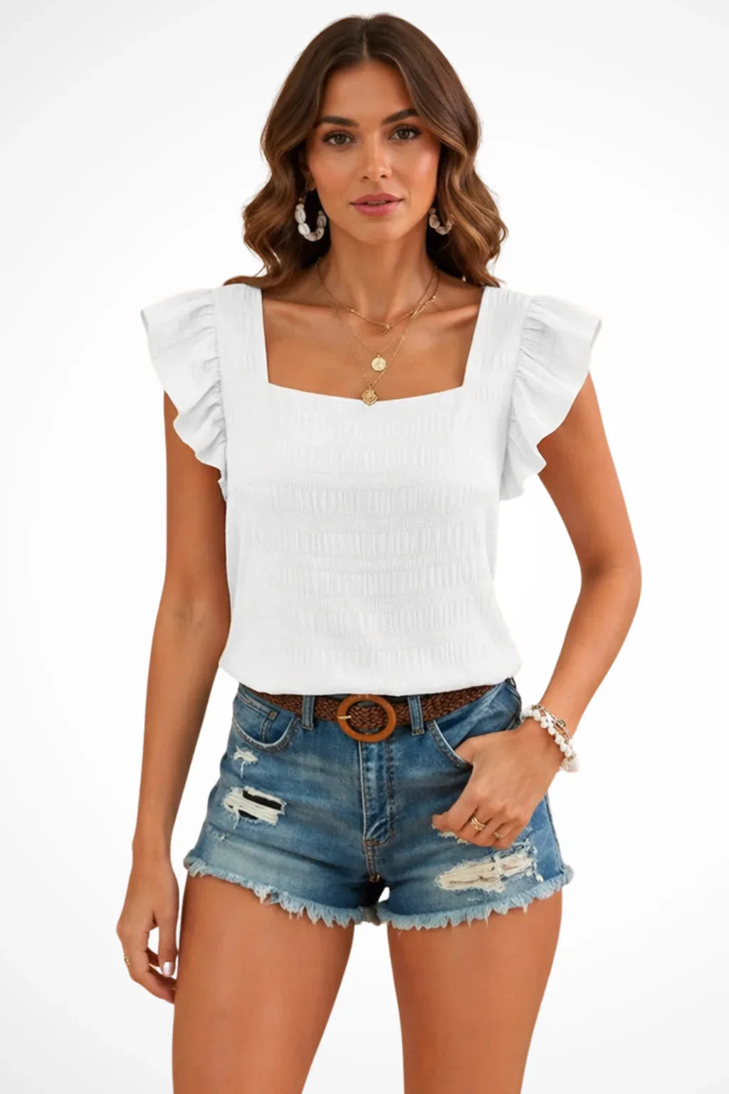 Eleanor | Women's Summer Square Neck Smocked Crop Top with Ruffle Sleeves