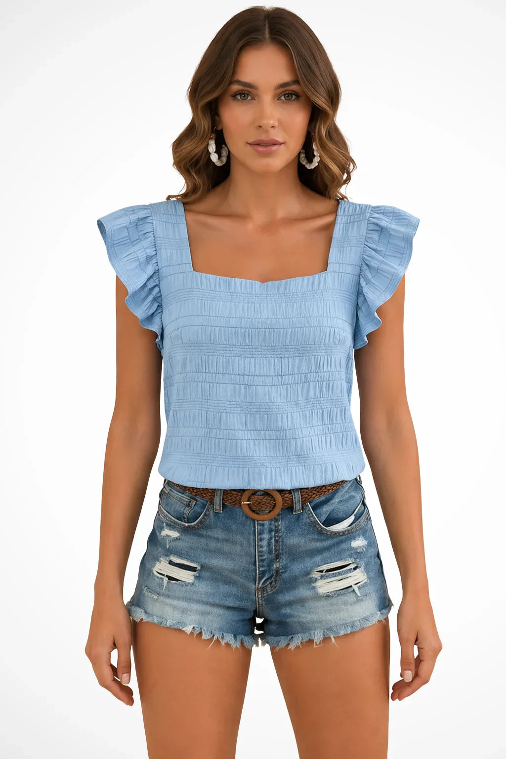 Eleanor | Women's Summer Square Neck Smocked Crop Top with Ruffle Sleeves