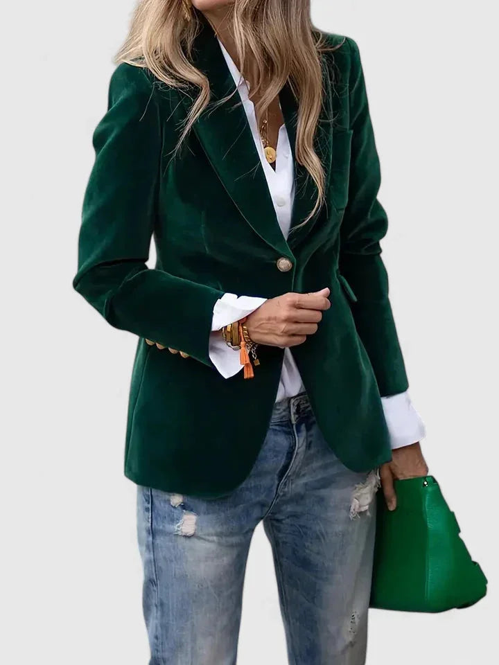 Women's velvet button-front notch lapel blazer with cuffs