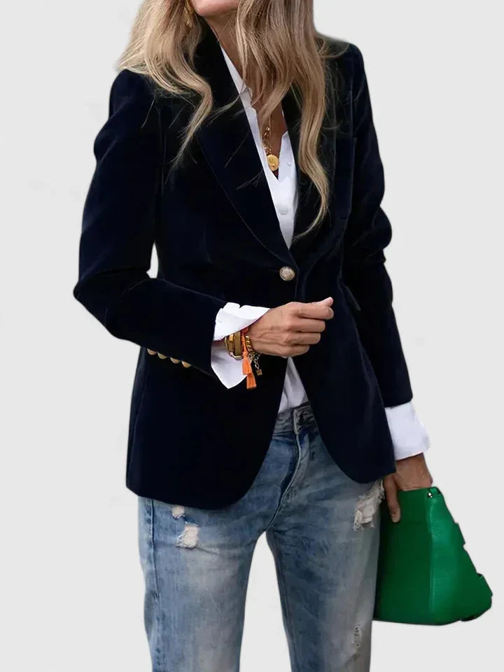 Women's velvet button-front notch lapel blazer with cuffs