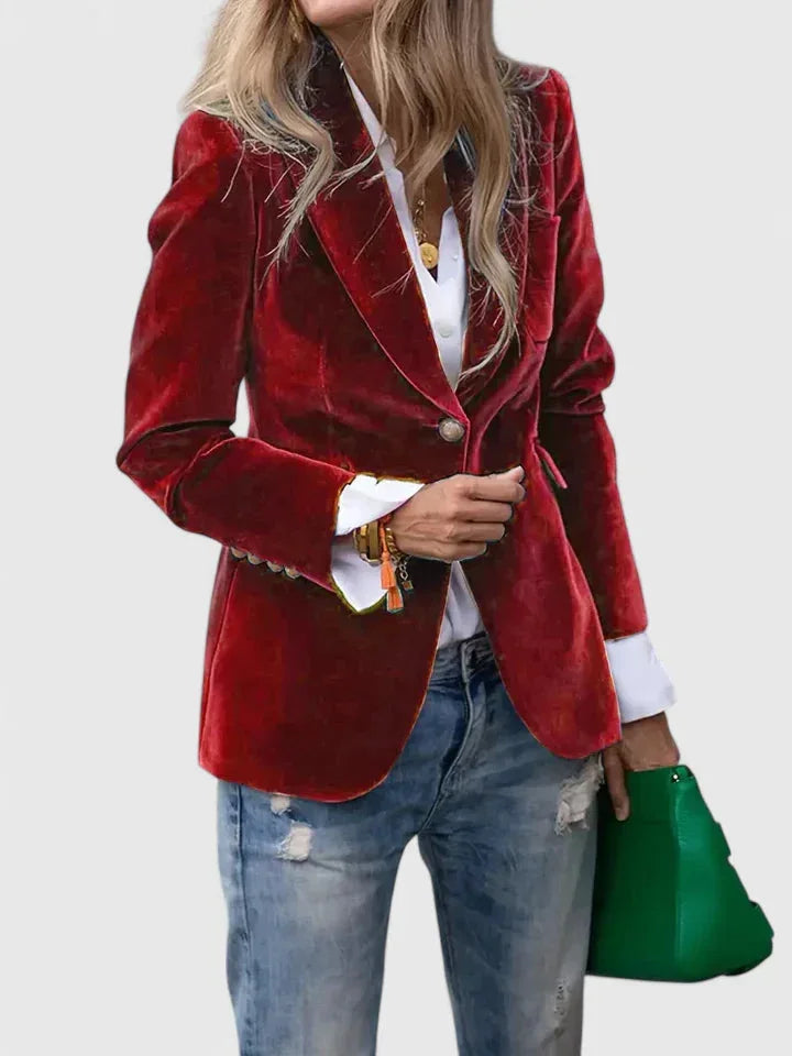 Women's velvet button-front notch lapel blazer with cuffs