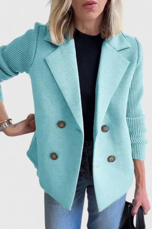 Women's wool double-breasted notch lapel blazer with ribbed knit sleeves