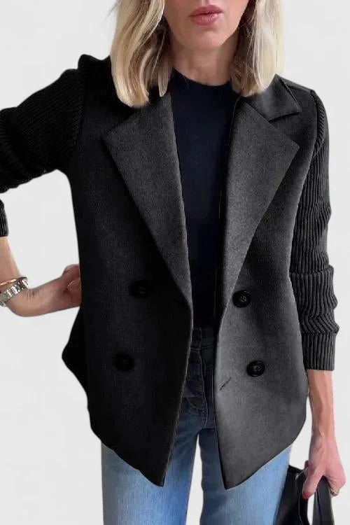 Women's wool double-breasted notch lapel blazer with ribbed knit sleeves