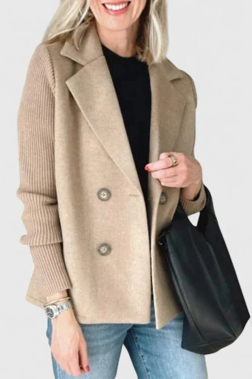 Women's wool double-breasted notch lapel blazer with ribbed knit sleeves