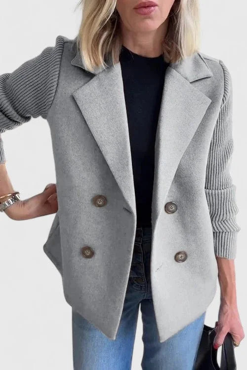 Women's wool double-breasted notch lapel blazer with ribbed knit sleeves