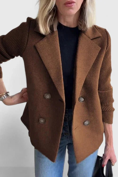 Women's wool double-breasted notch lapel blazer with ribbed knit sleeves