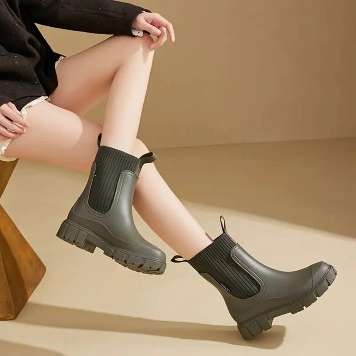 Women's ankle boots with ribbed knit shaft