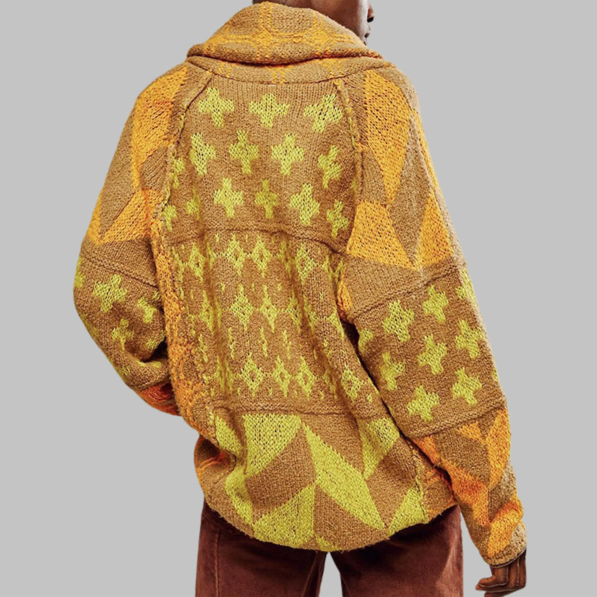 Women's knit open-front shawl collar cardigan with patchwork patterns