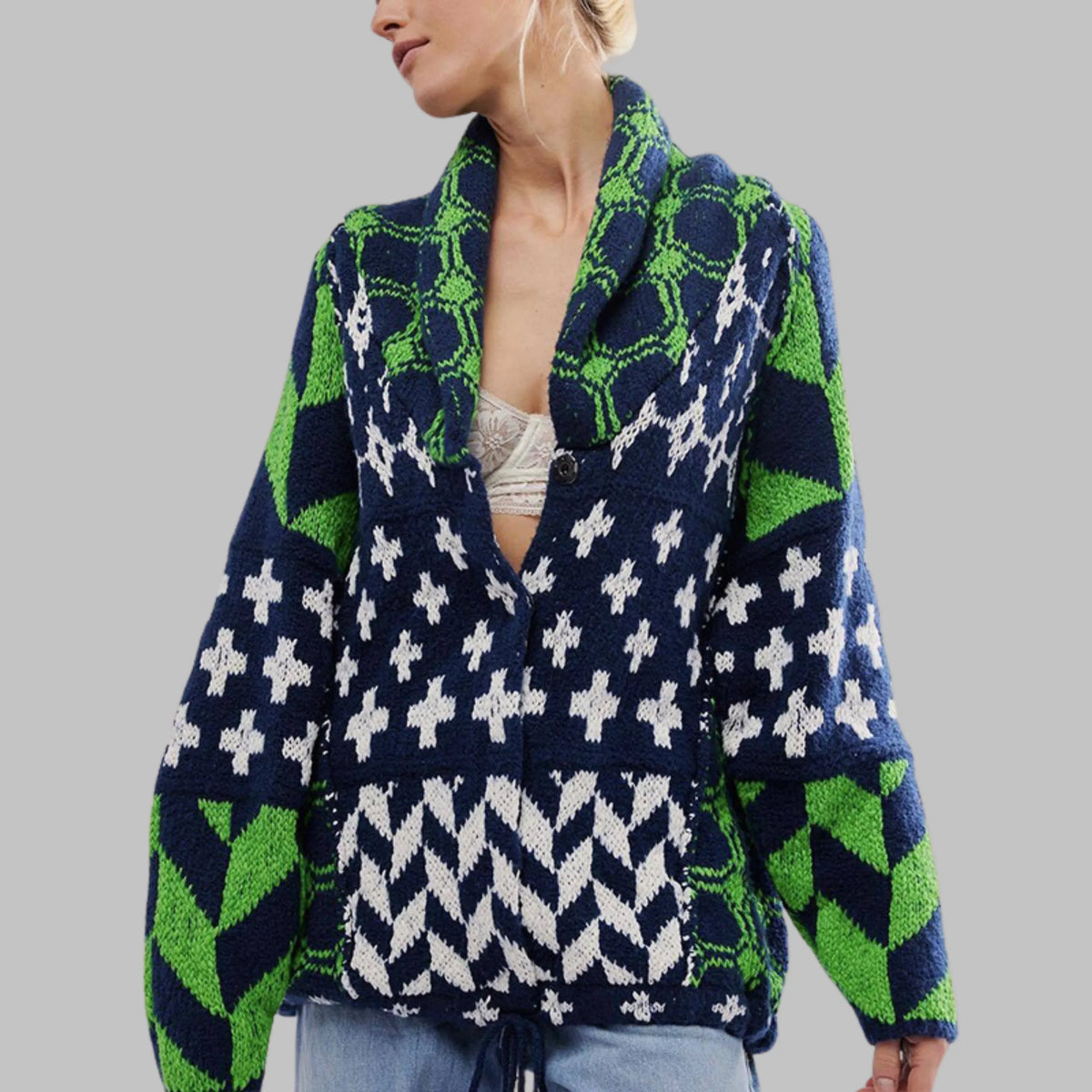 Women's knit open-front shawl collar cardigan with patchwork patterns