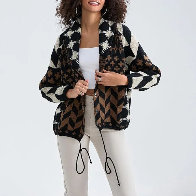 Women's knit open-front shawl collar cardigan with patchwork patterns