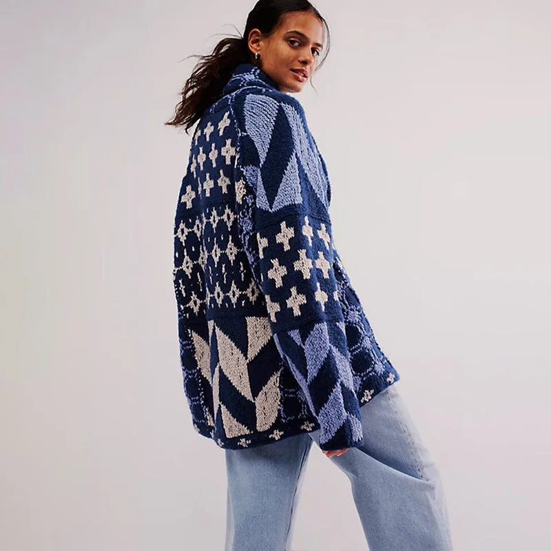 Women's knit open-front shawl collar cardigan with patchwork patterns